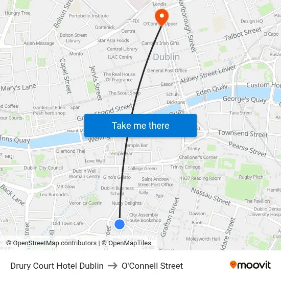 Drury Court Hotel Dublin to O'Connell Street map