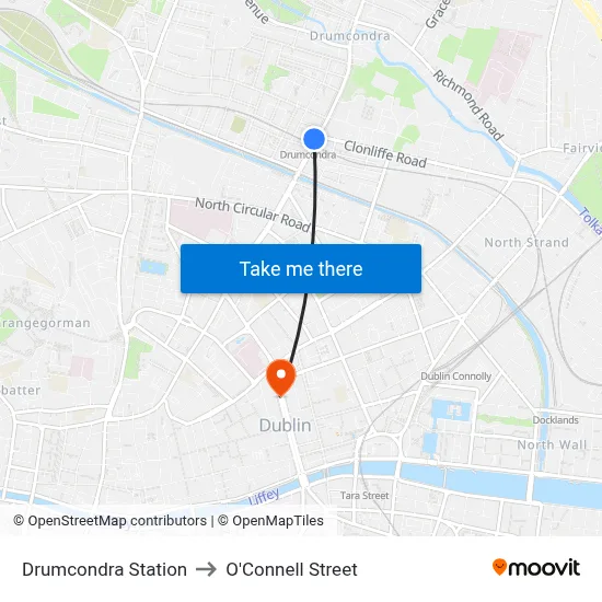 Drumcondra Station to O'Connell Street map