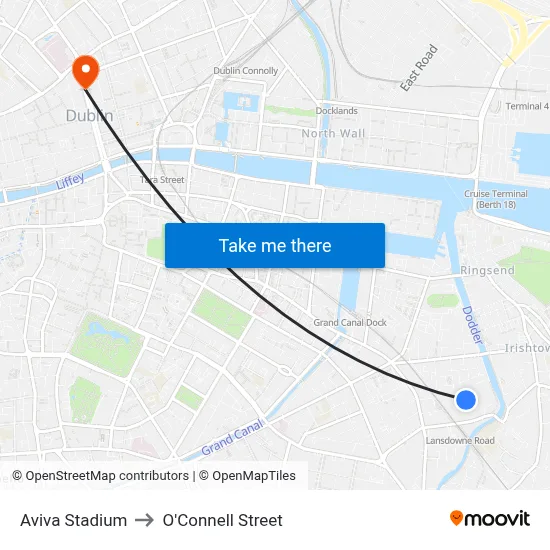 Aviva Stadium to O'Connell Street map