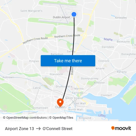 Airport Zone 13 to O'Connell Street map