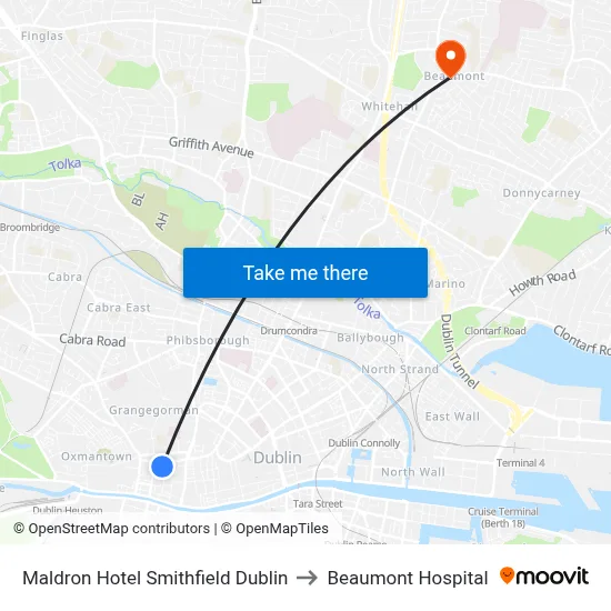 Maldron Hotel Smithfield Dublin to Beaumont Hospital map