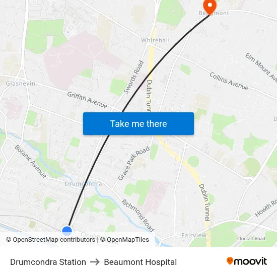 Drumcondra Station to Beaumont Hospital map