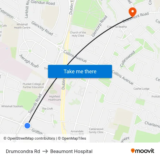 Drumcondra Rd to Beaumont Hospital map