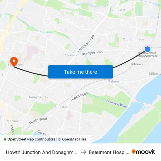 Howth Junction And Donaghmede to Beaumont Hospital map