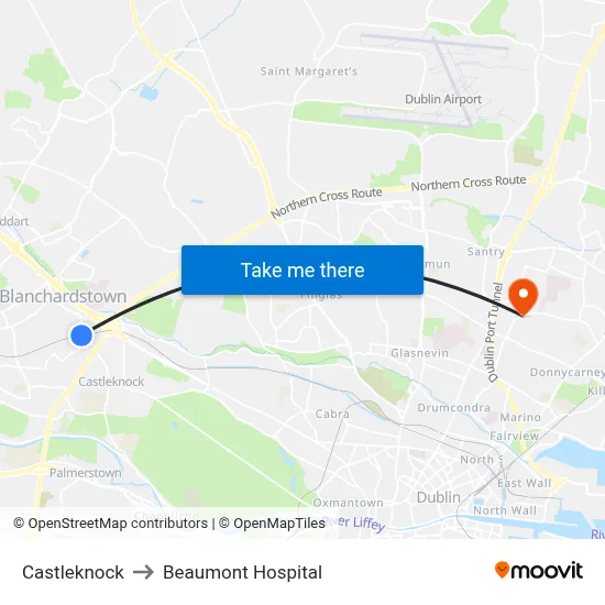 Castleknock to Beaumont Hospital map