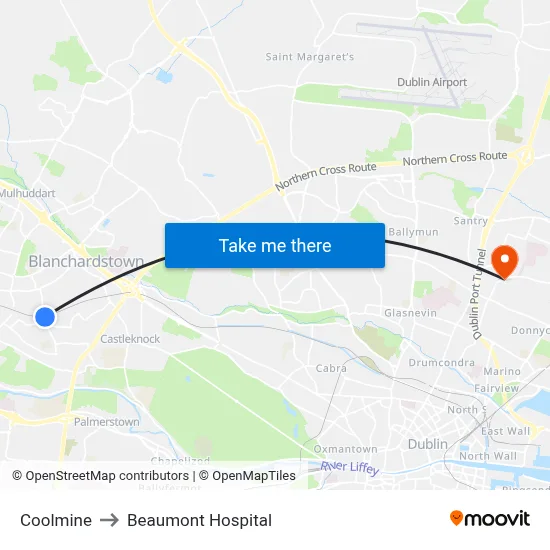 Coolmine to Beaumont Hospital map