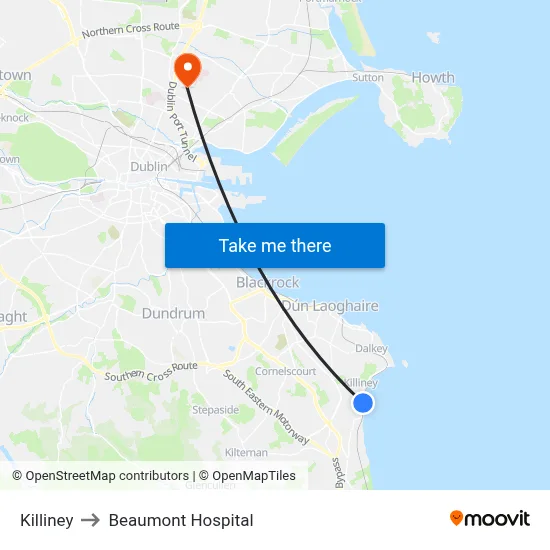 Killiney to Beaumont Hospital map
