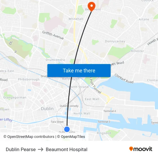 Dublin Pearse to Beaumont Hospital map