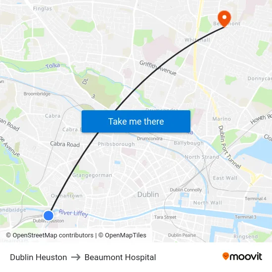 Dublin Heuston to Beaumont Hospital map