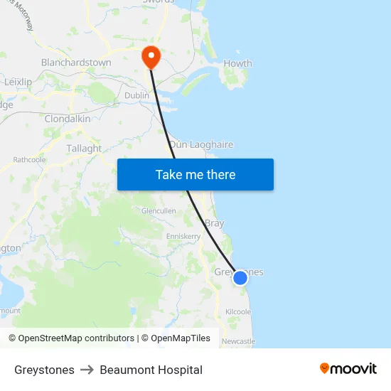 Greystones to Beaumont Hospital map