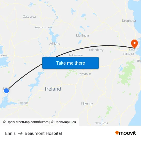 Ennis to Beaumont Hospital map