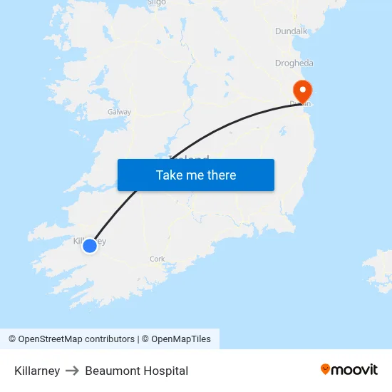 Killarney to Beaumont Hospital map