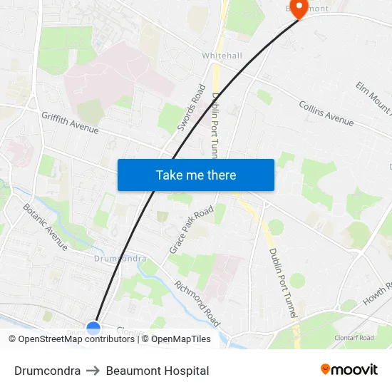 Drumcondra to Beaumont Hospital map