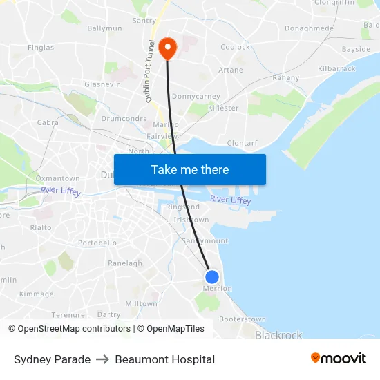 Sydney Parade to Beaumont Hospital map