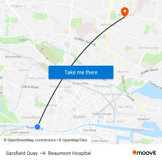 Sarsfield Quay to Beaumont Hospital map