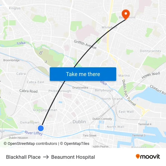 Blackhall Place to Beaumont Hospital map