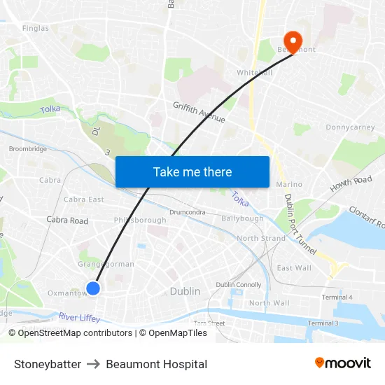 Stoneybatter to Beaumont Hospital map