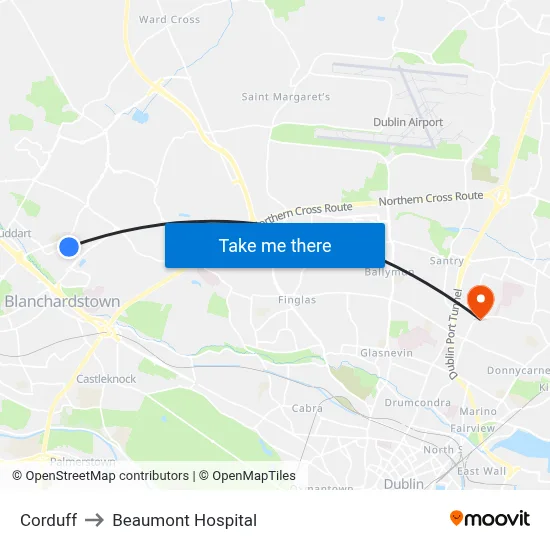 Corduff to Beaumont Hospital map