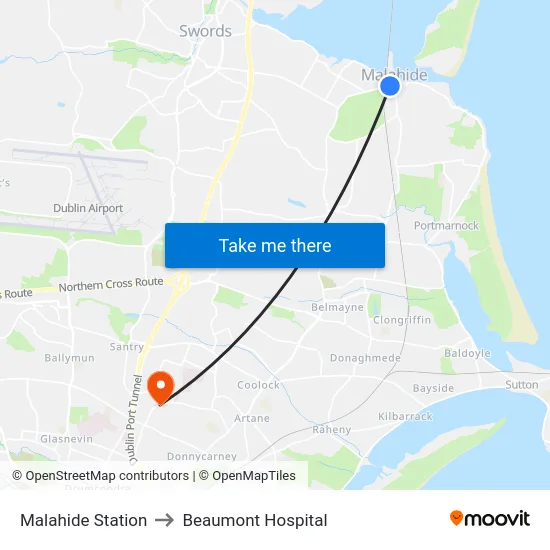 Malahide Station to Beaumont Hospital map