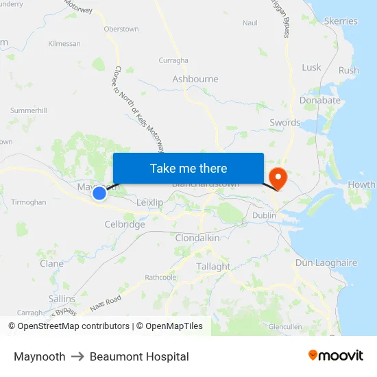 Maynooth to Beaumont Hospital map