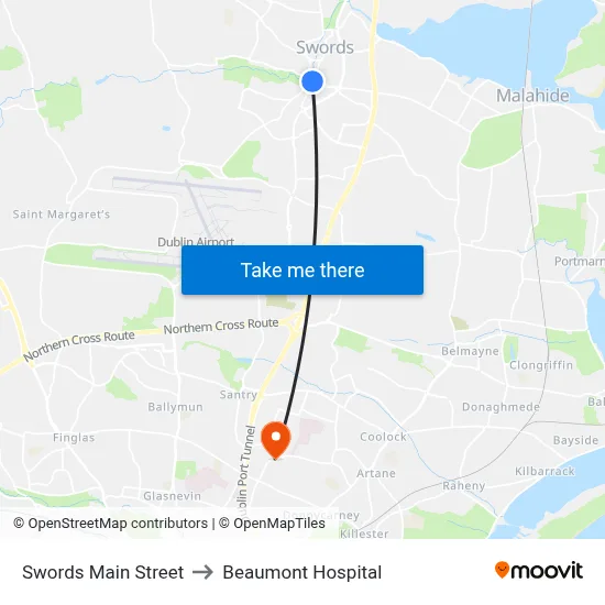 Swords Main Street to Beaumont Hospital map