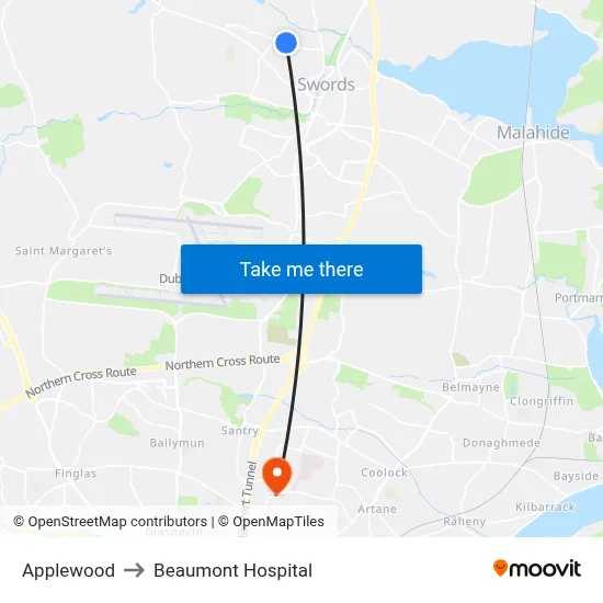 Applewood to Beaumont Hospital map