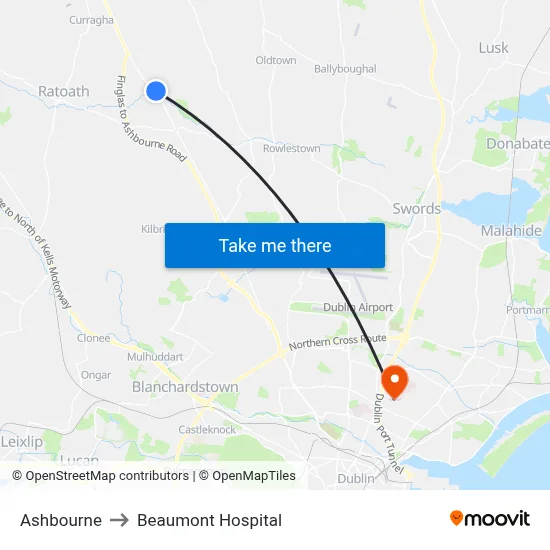 Ashbourne to Beaumont Hospital map