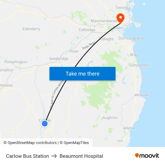 Carlow Bus Station to Beaumont Hospital map
