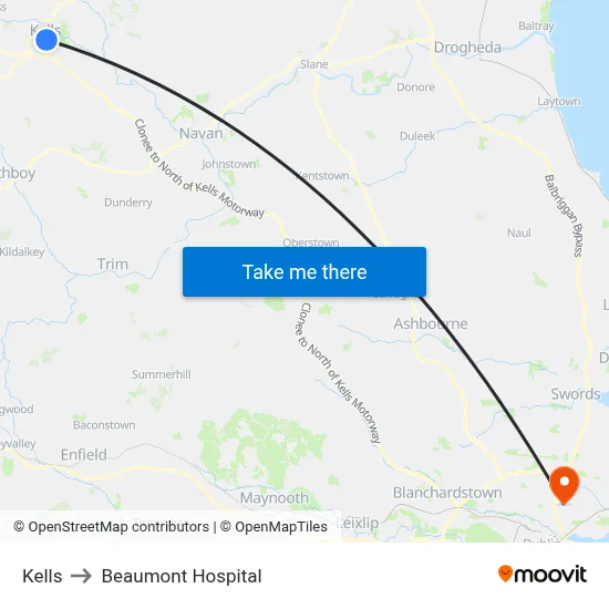Kells to Beaumont Hospital map