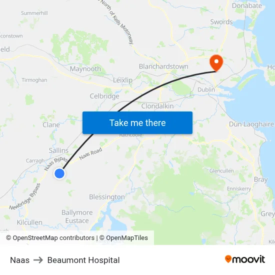 Naas to Beaumont Hospital map