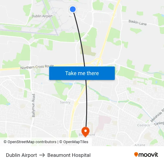 Dublin Airport to Beaumont Hospital map