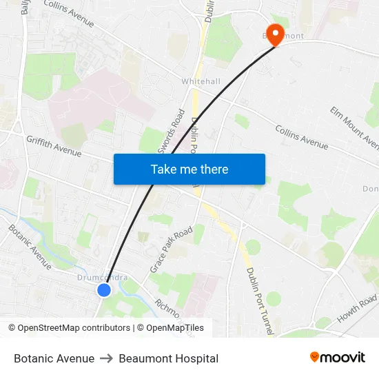 Botanic Avenue to Beaumont Hospital map