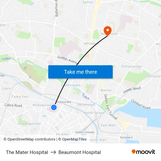 The Mater Hospital to Beaumont Hospital map