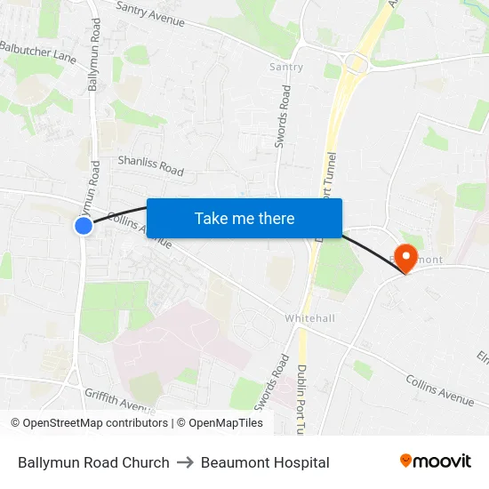 Ballymun Road Church to Beaumont Hospital map