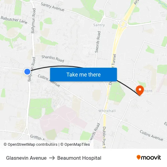 Glasnevin Avenue to Beaumont Hospital map