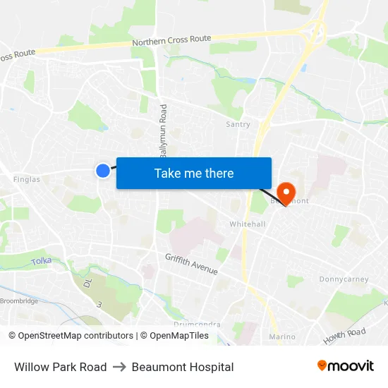 Willow Park Road to Beaumont Hospital map
