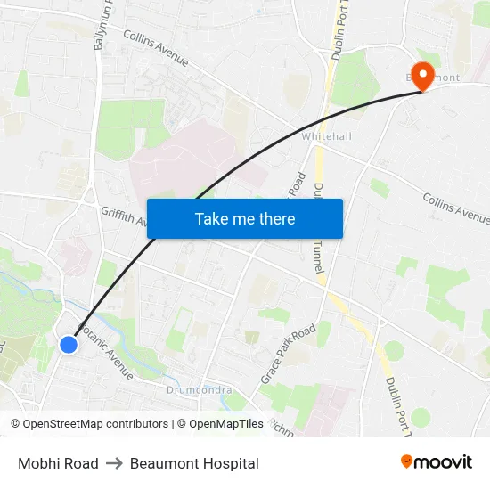 Mobhi Road to Beaumont Hospital map