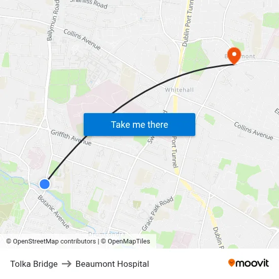 Tolka Bridge to Beaumont Hospital map