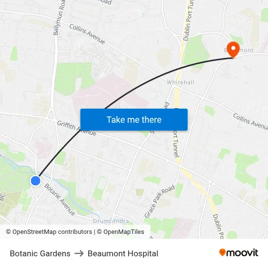Botanic Gardens to Beaumont Hospital map