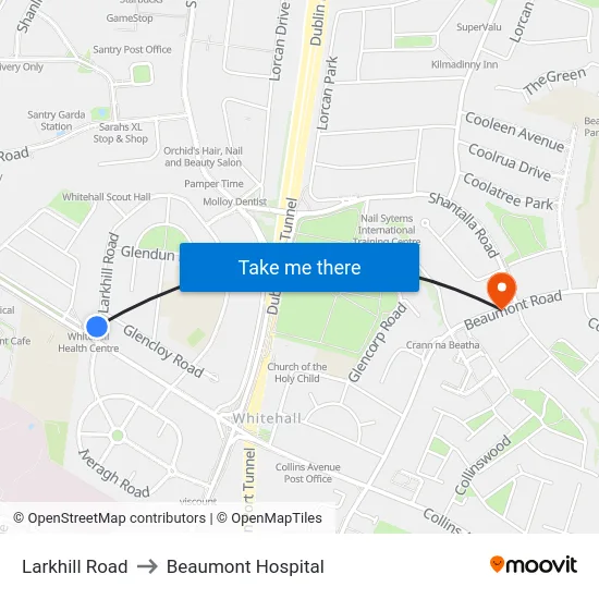 Larkhill Road to Beaumont Hospital map