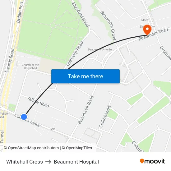 Whitehall Cross to Beaumont Hospital map