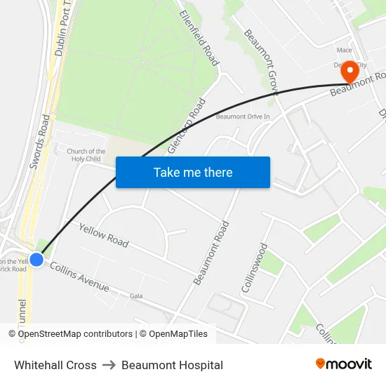 Whitehall Cross to Beaumont Hospital map
