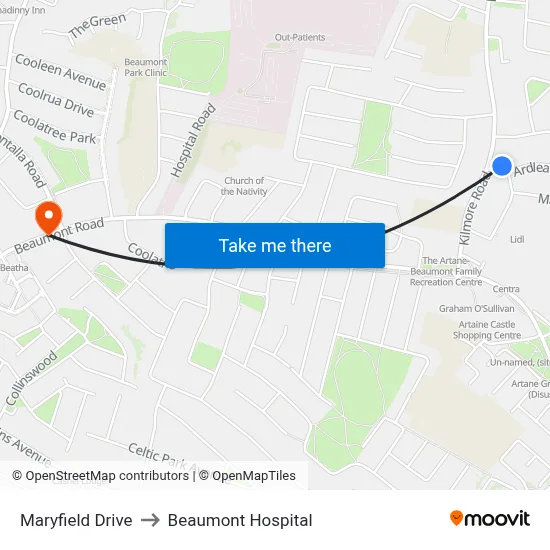Maryfield Drive to Beaumont Hospital map