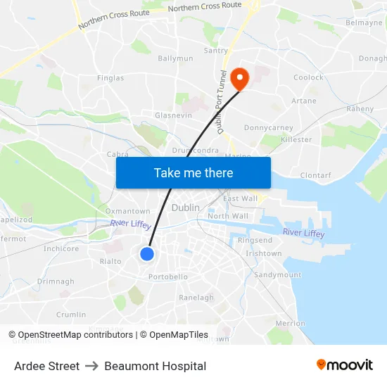 Ardee Street to Beaumont Hospital map