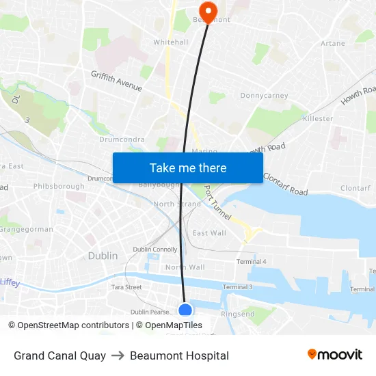 Grand Canal Quay to Beaumont Hospital map