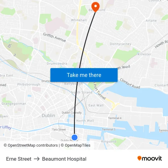Erne Street to Beaumont Hospital map