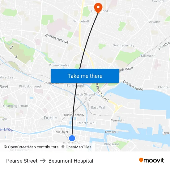 Pearse Street to Beaumont Hospital map