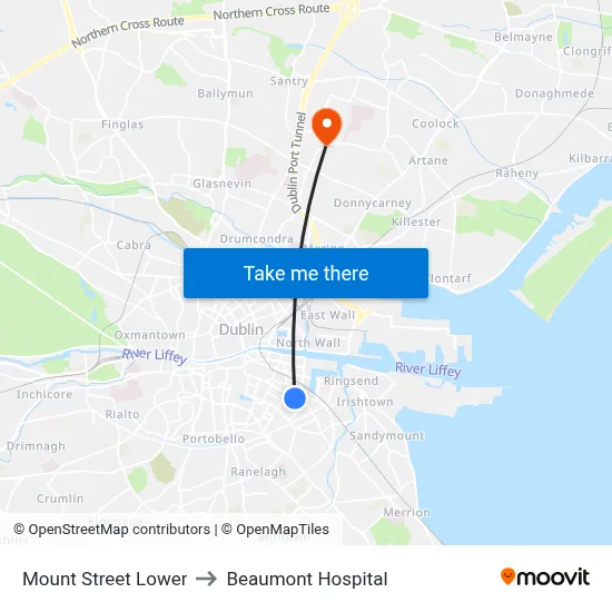 Mount Street Lower to Beaumont Hospital map