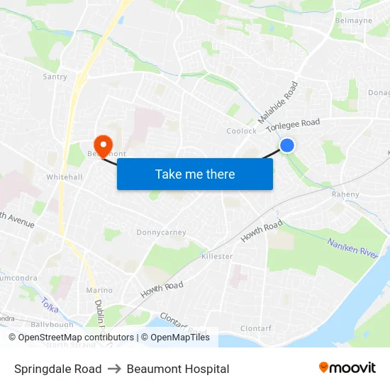 Springdale Road to Beaumont Hospital map