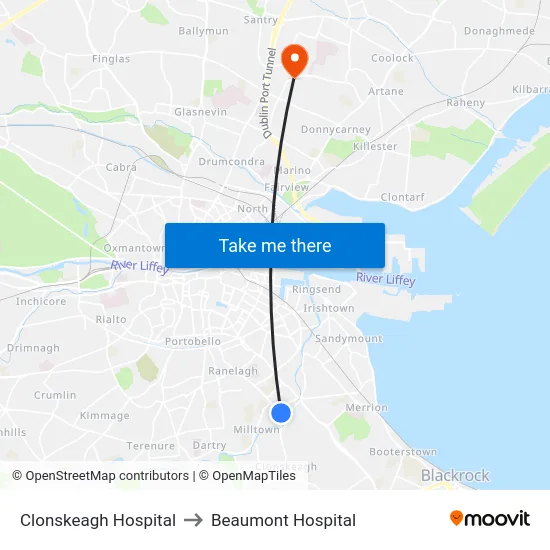 Clonskeagh Hospital to Beaumont Hospital map